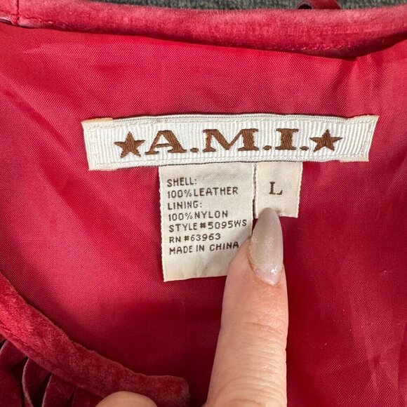 Vintatge Ami Red Leather Western Style Fringe Jacket Size Large Rodeo Cow Girl - Picture 3 of 13